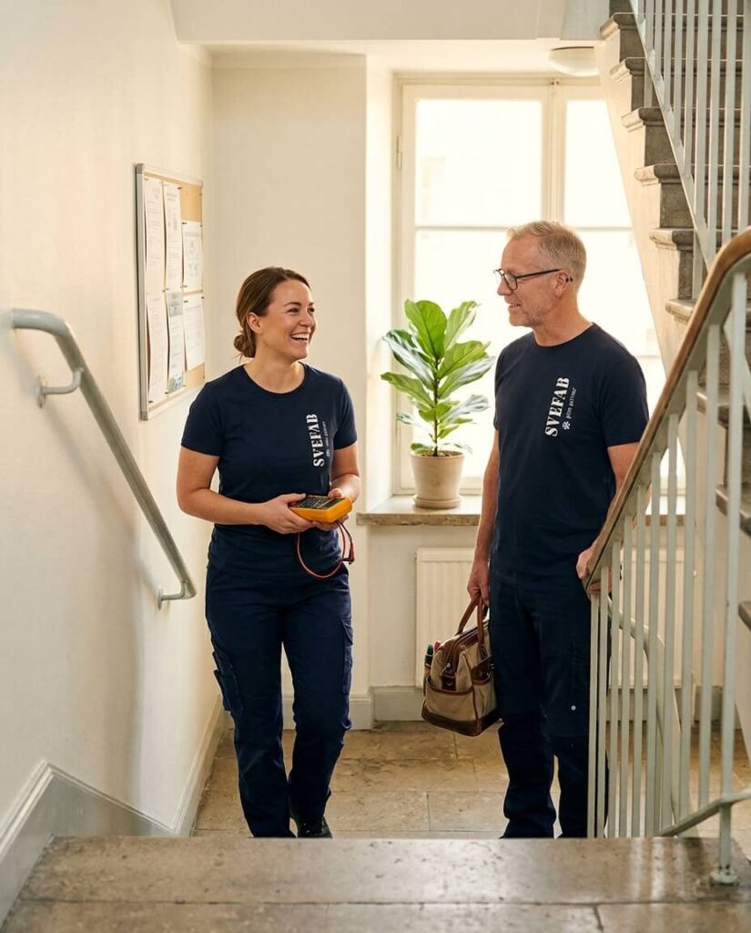 Två medarbetare från SVEFAB stämmer av ett ärende i ett trapphus