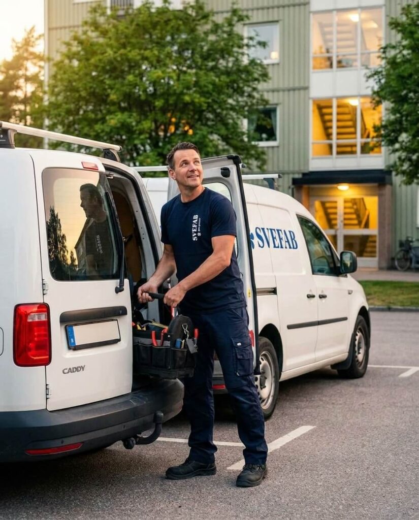 Fastighetsförvaltare från SVEFAB parkerar bilen i Sollentuna för att arbeta med en bostadsrättsförening