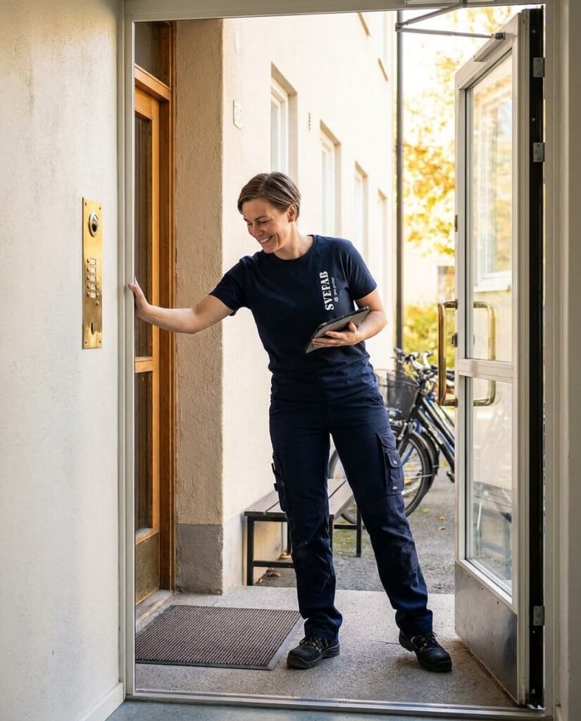 Tekniker kontrollerar entrédörr och portlås under rondering av en fastighet