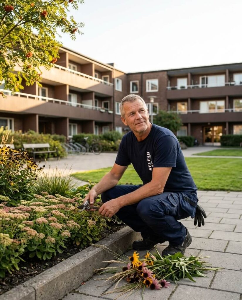 Medarbetare från SVEFAB sköter planteringarna på en bostadsgård
