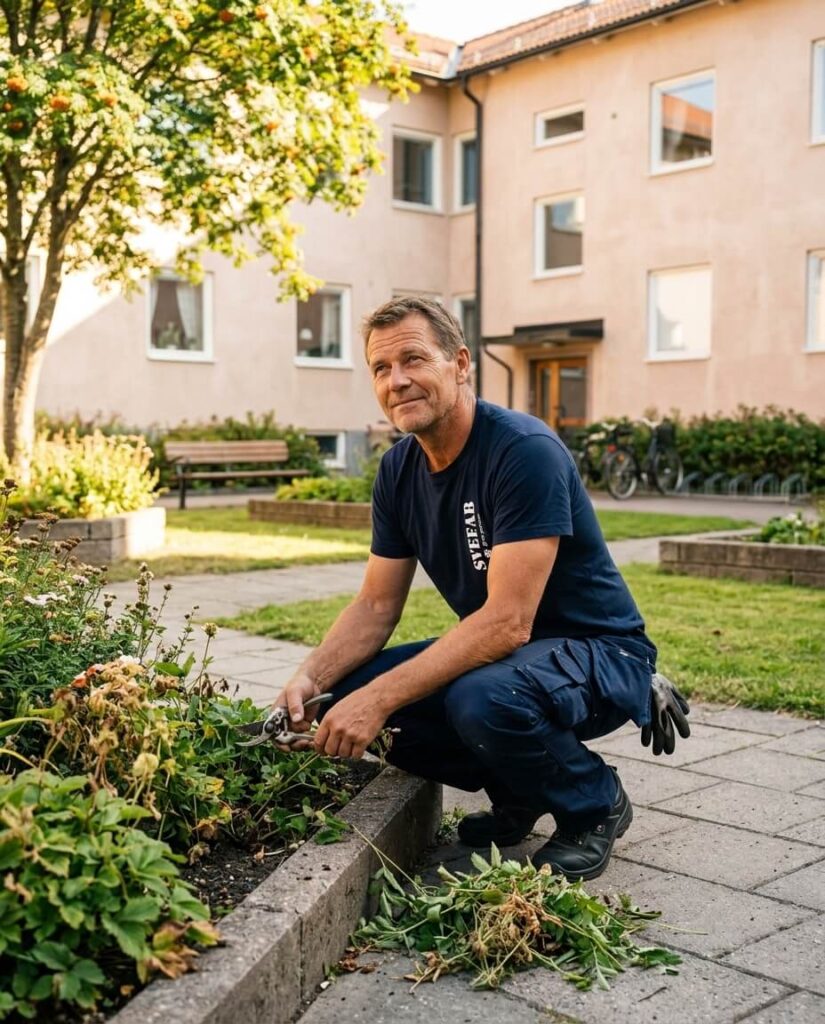 Medarbetare från SVEFAB sköter planteringarna på en bostadsgård