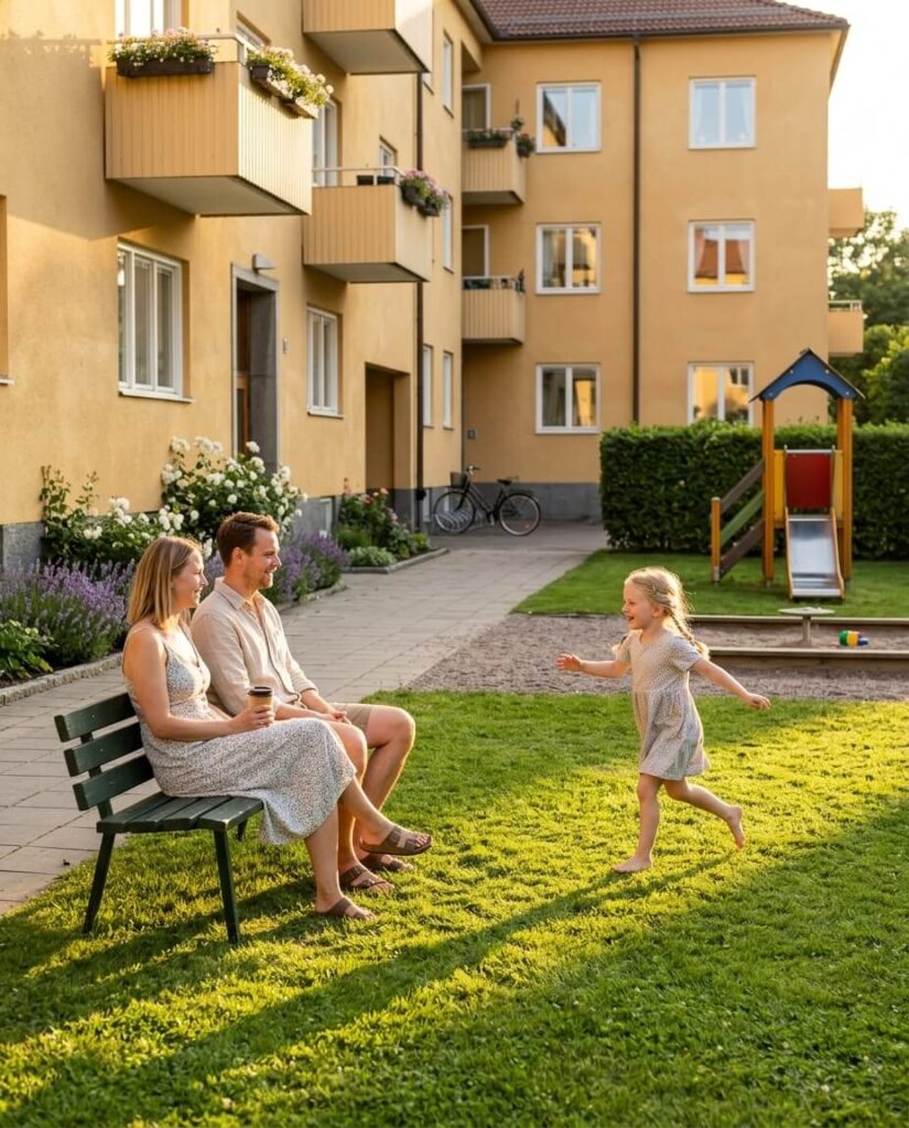 Boende på en välskött innergård i en bostadsrättsförening